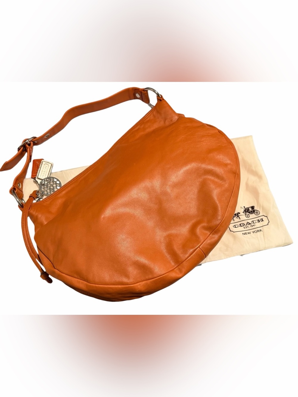RARE Vintage Coach Authentic Leather Shoulder Hobo Bag Purse Orange w/Dust Cover